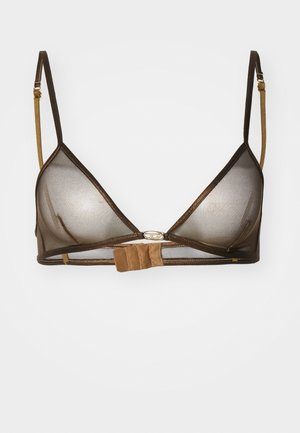 Bralette transparente castanho com forma triangular. Apresenta alças finas ajustáveis e um detalhe em metal na frente. Fabricado em tecido suave e texturizado.