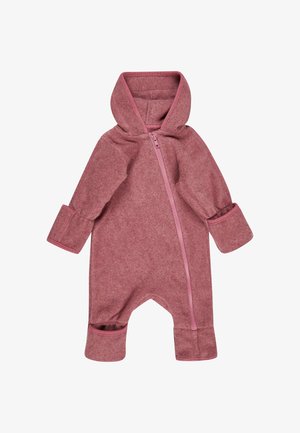 Soft pink hooded baby jumpsuit with long sleeves, diagonal front zipper, and fold-over cuffs on sleeves and legs.