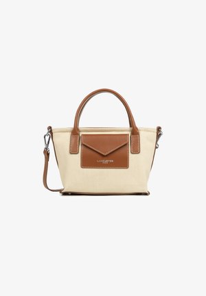 Sac en toile beige avec des accents en cuir brun, doté de deux poignées supérieures, d'une bandoulière amovible et d'une poche avant.