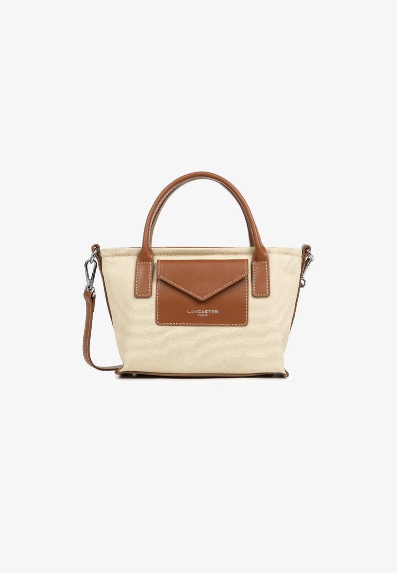 Borsa in tela beige con dettagli in pelle marrone, dotata di manici superiori doppi, una tracolla removibile e una tasca frontale.