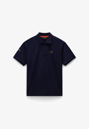 Granatowa koszulka polo z bawełny, z trzyguzkowym zapięciem, krótkimi rękawami i okrągłym logo na piersi.