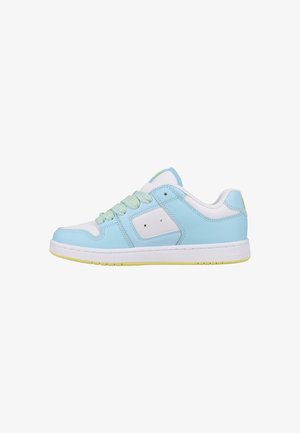 Light blue sneaker with white accents, featuring a smooth leather upper, vintage-inspired design, round toe cap, and a textured sole.
