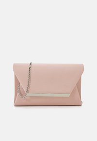 Rosa clutch taske med mat finish, kuvertform og en sølvfarvet metalakcentstribe. Har en aftagelig sølv kædesnor.