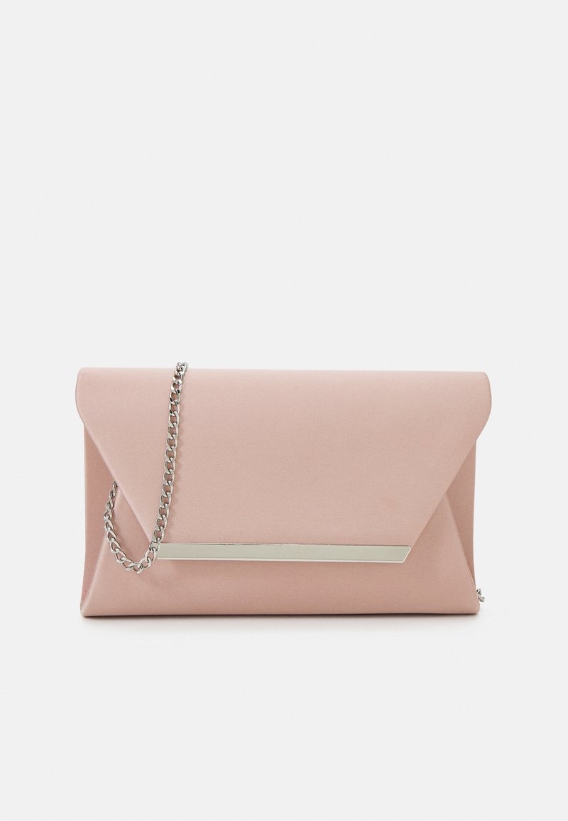 Rosa clutch taske med mat finish, kuvertform og en sølvfarvet metalakcentstribe. Har en aftagelig sølv kædesnor.