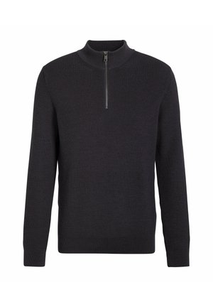 Schwarzer Strickpullover mit langen Ärmeln und kurzem Reißverschluss vorne am gerippten Stehkragen.