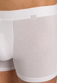 White cotton boxer briefs with a smooth texture, featuring a soft waistband and a small branded tag. The fabric has a slight sheen.