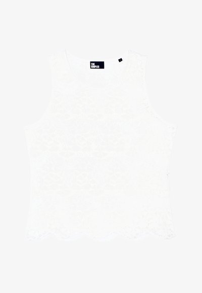 Witte mouwloze top met een haakpatroon, golvende zoom en een ronde halslijn. Merkenlabel is zichtbaar op de hals. Gelaagd stof.