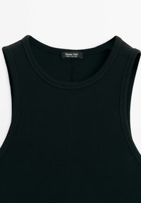 Black ribbed tank top with wide neckline. Features a soft texture and stitched edges. Label states "Massimo Dutti, made in Portugal."