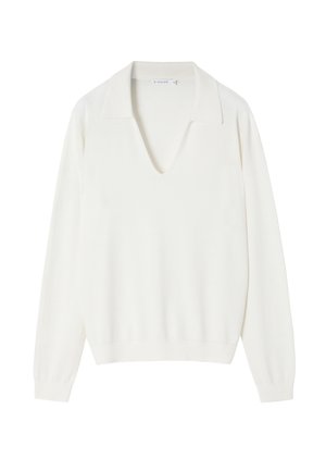 Suéter blanco de cuello en V con un amplio cuello, mangas largas y puños acanalados. Confeccionado en un tejido suave y texturizado, ideal para superponer.