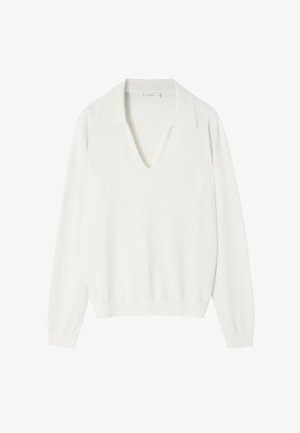 White v-neck sweater with a wide collar, long sleeves, and ribbed cuffs. Made from soft, textured fabric, suitable for layering.