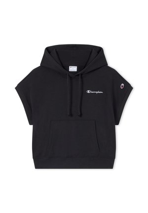 Zwarte korte mouw hoodie met voorzak in stijl van een kangoeroezak, verstelbare capuchon met trekkoord en klein Champion-logo op borst en mouw.