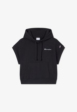 Zwarte korte mouw hoodie met voorzak in stijl van een kangoeroezak, verstelbare capuchon met trekkoord en klein Champion-logo op borst en mouw.