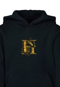 Musta huppari, joka on valmistettu pehmeästä kankaasta, sisältää suuren kultaisen "H"-logon ja mäyräkuvion, jossa lukee "HUFFLEPUFF" sivussa.