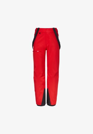 Red waterproof trousers with adjustable black suspenders, zip pocket detail, and black fabric accents at the cuffs.