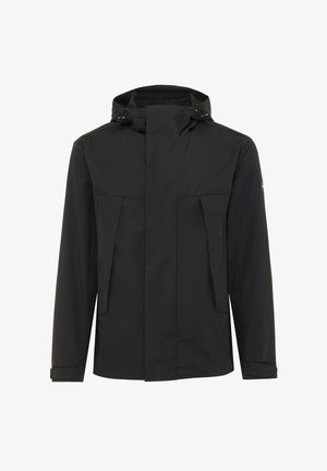 Giacca nera impermeabile con colletto alto e cappuccio regolabile, dotata di due tasche frontali e un design minimalista. Texture liscia.