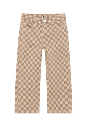 Beige och grå rutiga byxor med framknapp och femficksdesign, designade för barn.