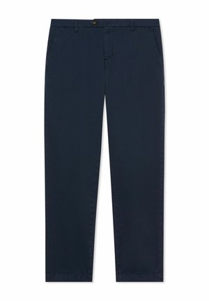 Marineblauwe broek met rechte pijpen, vooraan knoop- en ritssluiting, zakken aan de zijkant en riemlussen op een witte achtergrond.