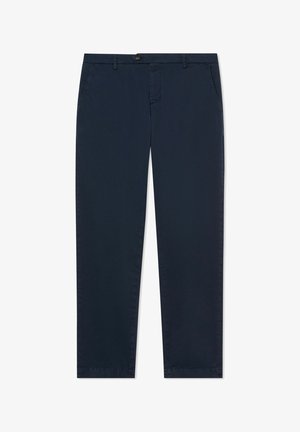 Marineblaue Hose mit geradem Bein, vorne mit Knopf- und Reißverschluss, Seitentaschen und Gürtelschlaufen auf weißem Hintergrund.