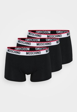 Boxer breifs neri con una cintura con il logo Moschino bianco e rosso. Tessuto morbido, vestibilità aderente, con un design classico e senza motivi visibili.