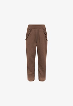 Brązowe zwężane spodnie z elastycznym pasem i falbanką wzdłuż przednich kieszeni bocznych, wykonane z miękkiej dzianiny.