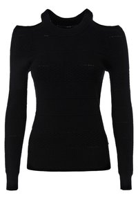 Pull noir tricoté à manches longues, avec un col montant, une découpe aux épaules, et des motifs horizontaux texturés variés.