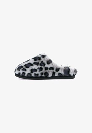 Slipper in pelliccia sintetica leopardata con suola in gomma nera, dotati di un design slip-on e punta arrotondata. Texture morbida e motivo colorato variegato.