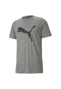 Grå t-shirt med kort ärm gjord av bomullsblandning, med en stor svart Puma-logotyp i en hoppande pose på framsidan. Rund halsringning.