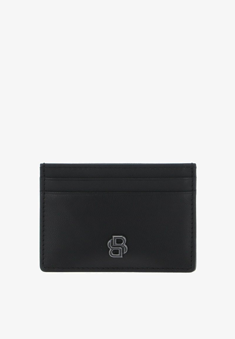 Porte-cartes en cuir noir doté de quatre fentes pour cartes, logo embossé sur le devant, et texture lisse avec des détails de couture précis.