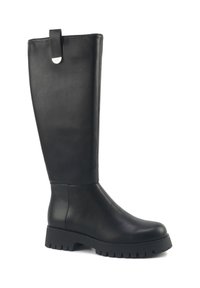 Bottes noires à hauteur de genou en cuir lisse, dotées d'un bout arrondi, d'une semelle en caoutchouc épaisse avec des motifs, et d'une languette en boucle sur la tige.