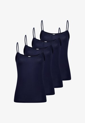 Quatre camisoles bleu marine pour femmes avec fines bretelles disposées en diagonale sur un fond blanc.