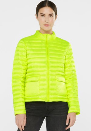 Bright green puffer jacket with a high collar, zip closure, and two front pockets. Lightweight, quilted texture with a shiny finish.