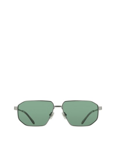 Lunettes de soleil rectangulaires teintées en vert avec une fine monture en métal argenté et des embouts de branches noirs, vues de face sur un fond blanc.