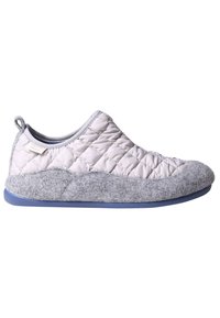 Quilted grey fabric slip-on shoes with a soft felt toe and heel, featuring a blue rubber sole and a looped pull tab at the back.