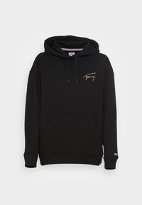 Sudadera negra de algodón con un bolsillo frontal, capucha con cordón y logotipo bordado en rosa claro en el pecho. Puños y dobladillo acanalados.