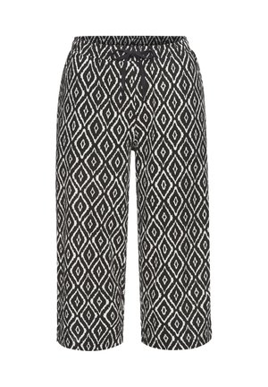 Black and white patterned culottes featuring a diamond design, elastic waistband, and drawstring closure, made from lightweight fabric.