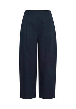 Navy blue, wide-leg trousers made of smooth fabric, featuring a high waistband and two front pleats for added structure.