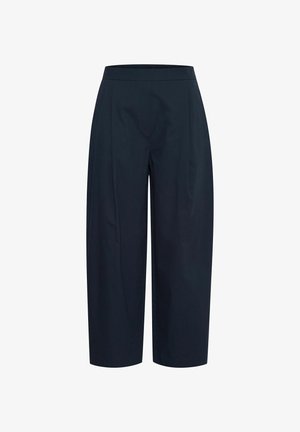 Pantalones de pierna ancha en azul marino, fabricados con un material suave, que presentan una cinturilla alta y dos pliegues frontales para mayor estructura.