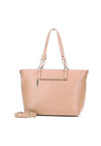Lichtroze leren totebag met een gestructureerde afwerking, dubbele handvatten en een externe ritszak. Inclusief een afneembare schouderriem.