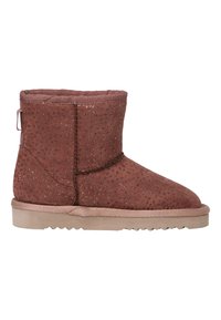 Bottines courtes en velours bordeaux avec des accents scintillants, bout rond et intérieur douillet, dotées d'une semelle en caoutchouc texturé avec des bords striés.