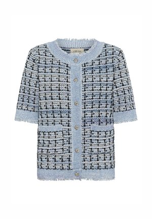 Cardigan en tweed bleu à manches courtes, motif texturé noir et bleu clair, avec un col rond et des boutons décoratifs.