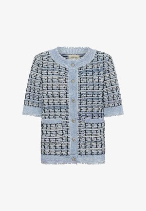 Zils tvīda kardigans ar īsām piedurknēm, teksturēts melnas un gaiši zilas krāsas raksts, ar apaļu apkakli un dekoratīvām pogām.