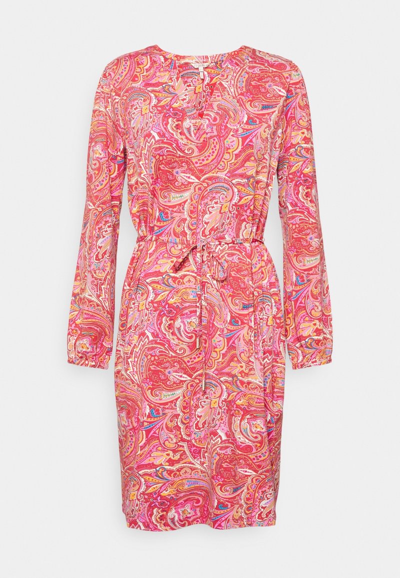Robe à manches longues en motif cachemire rose et multicolore, avec un col rond, une taille élastique et un détail noué pour un ajustement réglable.