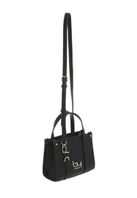Borsa strutturata nera realizzata in materiale testurizzato. Presenta una tracolla removibile, doppi manici, hardware color oro e un accento con logo.