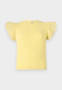 Gul ribbet t-skjorte med prikkete, volangede skuldersleeves. Har en klassisk rund halsutringning og en tettsittende silhuett. Strukturert stoff.