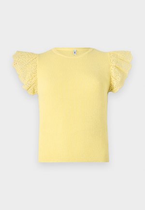 Tricou galben cu dungi, cu mâneci umflate, cu buline. Prezintă un guler rotund clasic și o siluetă ajustată. Material texturat.