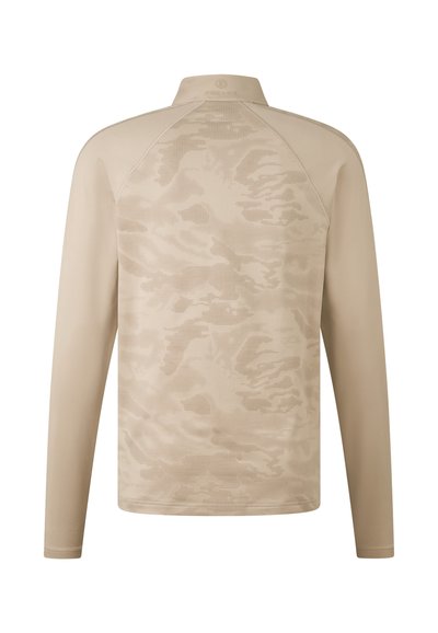Beige long-sleeve pullover with a subtle camouflage pattern, featuring a stand-up collar and raglan sleeves for a streamlined fit.