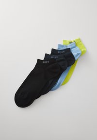 Five pairs of low-cut socks in black, dark blue, light blue, and neon green. Made of smooth fabric with BOSS branding near the cuff.