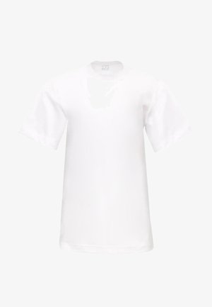 Biała bawełniana koszulka z krótkim rękawem, dekoltem typu crew, o regularnym kroju i gładkiej teksturze. Bez wzorów i widocznych elementów metalowych.
