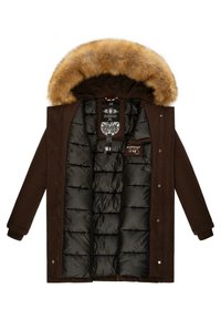 Smeđa parka s kapuljačom obloženom krznom, s prešanim crnim unutrašnjim dijelom, zatvaranjem na zip i više džepova. Oznake brenda su unutra.