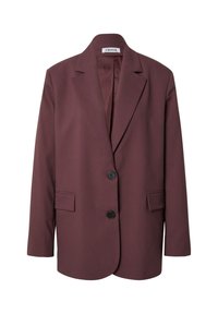 Burgunderfarbener Blazer mit Reverskragen, zwei Fronttaschen und zwei schwarzen Knöpfen. Hergestellt aus einem glatten Stoff mit strukturiertem Design.